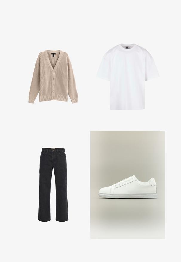 Beige strikket cardigan med V-hals, ribbet tekstur og seks frontknapper. Har lange ærmer og en afslappet pasform.; Hvid kortærmet t-shirt med rund hals, lavet af bomuldsmateriale, der har en afslappet pasform og minimale syningsdetaljer.; Sorte denim bukser med vid ben, knaplukning, fem lommer og en let slidt tekstur. Lige snit fra talje til søm.; Lavtop hvid sneaker med snørelukning foran og tekstureret gummisål mod en ensartet neutral baggrund.