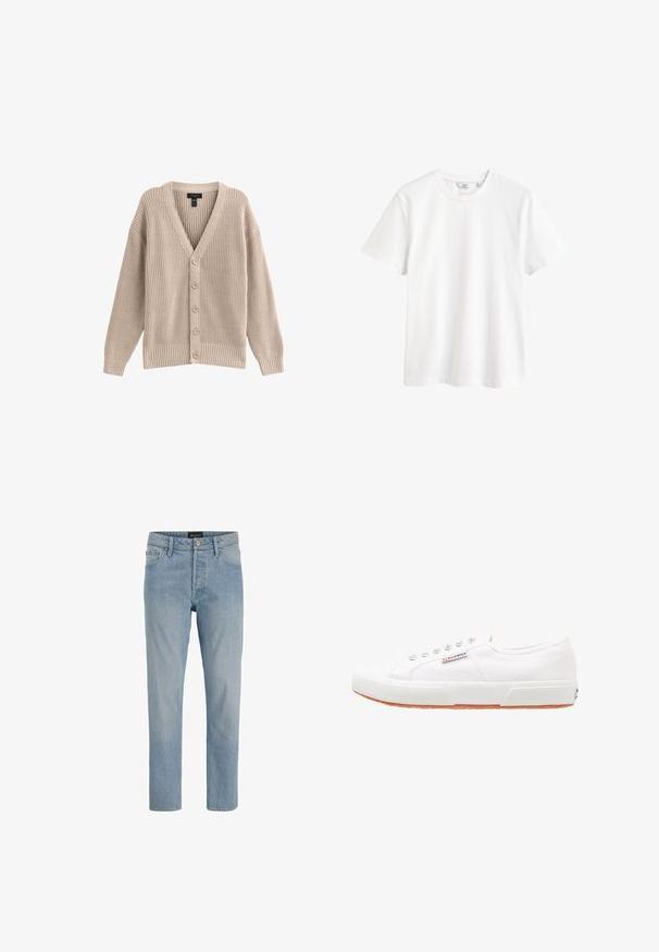 Beige Strickjacke mit V-Ausschnitt, geripptem Muster und sechs vorderen Knöpfen. Sie hat lange Ärmel und eine lockere Passform.; Schlichtes weißes Kurzarm-T-Shirt mit Rundhalsausschnitt und kleinem Markenlabel innen im Kragen.; Hellblaue Denim-Jeans mit geradem Schnitt, fünf Taschen, Knopfverschluss und einem leicht ausgewaschenen Finish.; Weiße Leinensneaker mit Gummisohle, Schnürdesign und einem kleinen Logolabel an der Seite. Strukturierte weiße Oberseite und braune Außensohle.