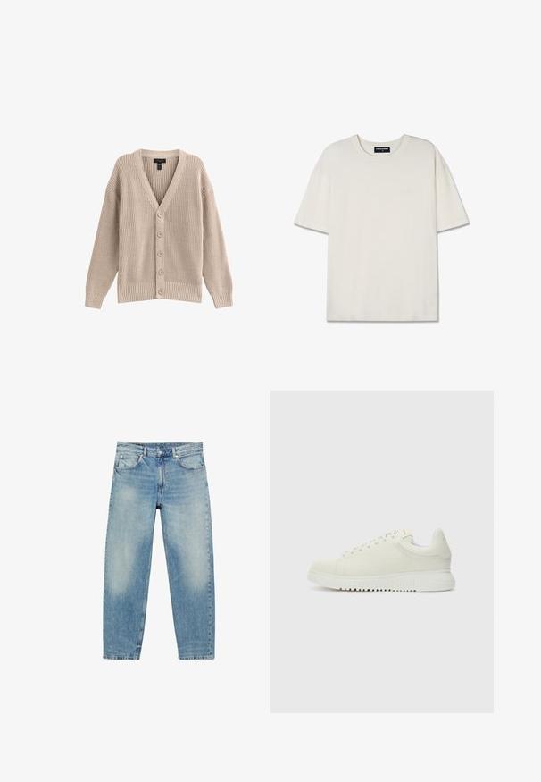 Beige strikket cardigan med V-hals, ribbet tekstur og seks frontknapper. Har lange ærmer og en afslappet pasform.; Hvid kortærmet t-shirt lavet af blødt stof. Har en rund halsudskæring og diskret logo detalje på fronten. Glat tekstur og afslappet pasform.; Blå straight-leg denim jeans med forlommer og bæltestropper, der viser let falmede detaljer på lår og knæ.; Hvide lædersneakers med struktureret overdel, rund tå, flad hvid sål og tonede snørebånd. Subtil branding på tungen.