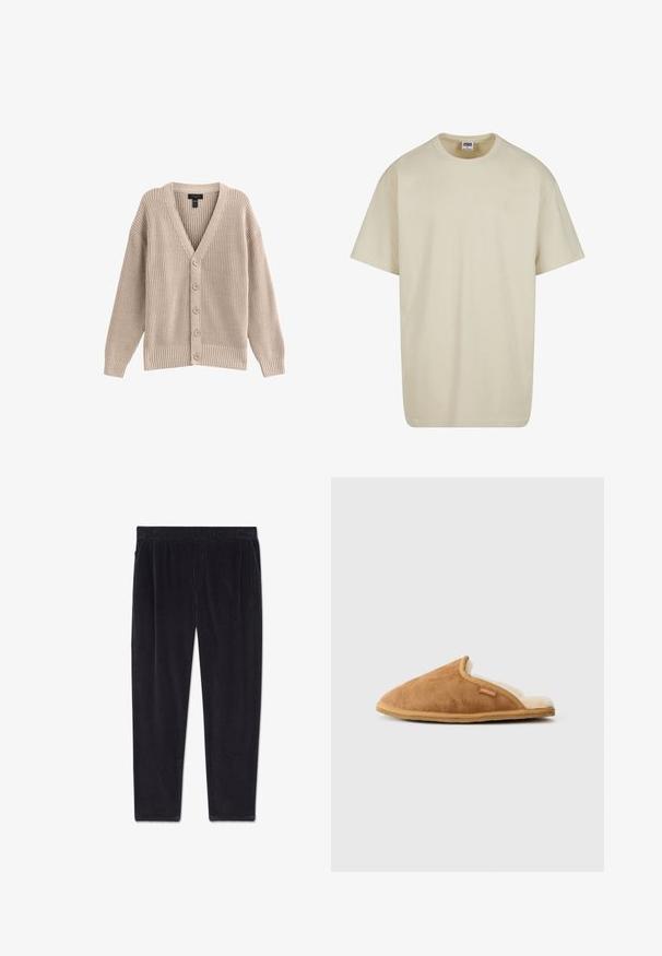 Beige strikket cardigan med V-hals, ribbet tekstur og seks frontknapper. Har lange ærmer og en afslappet pasform.; Lysebeige bomulds-T-shirt med korte ærmer, rund halsudskæring og løs pasform. Stoffet fremstår glat uden synlige mønstre eller accenter.; Sorte ribbet kordbuksbukser med elastisk talje og sidelommer, vist fladt på en hvid baggrund.; Brune ruskinds-sko med en blød crème-foring, åben bagside og beige gummisål. Har et lille mærke på den øverste side.