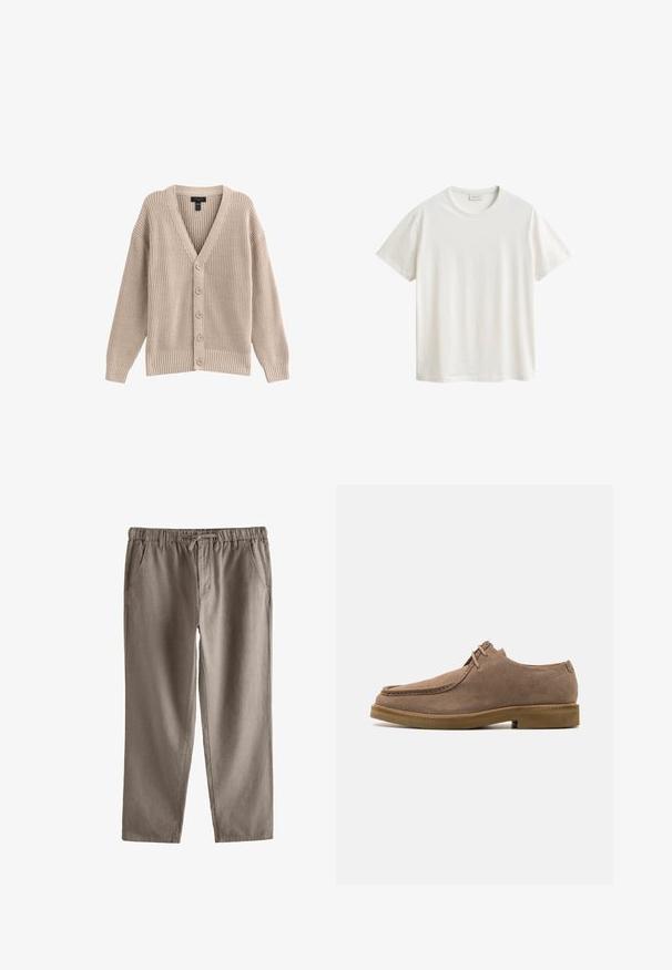 Beige Strickjacke mit V-Ausschnitt, geripptem Muster und sechs vorderen Knöpfen. Sie hat lange Ärmel und eine lockere Passform.; Schlichtes weißes T-Shirt mit kurzen Ärmeln und Rundhalsausschnitt mit einem kleinen sichtbaren Etikett im Kragen vor weißem Hintergrund.; Braune Freizeithose mit elastischem Bund, Fronttaschen und Kordelzug, flach auf weißem Hintergrund liegend.; Zign LEATHER - Sportlicher Schnürer - taupe