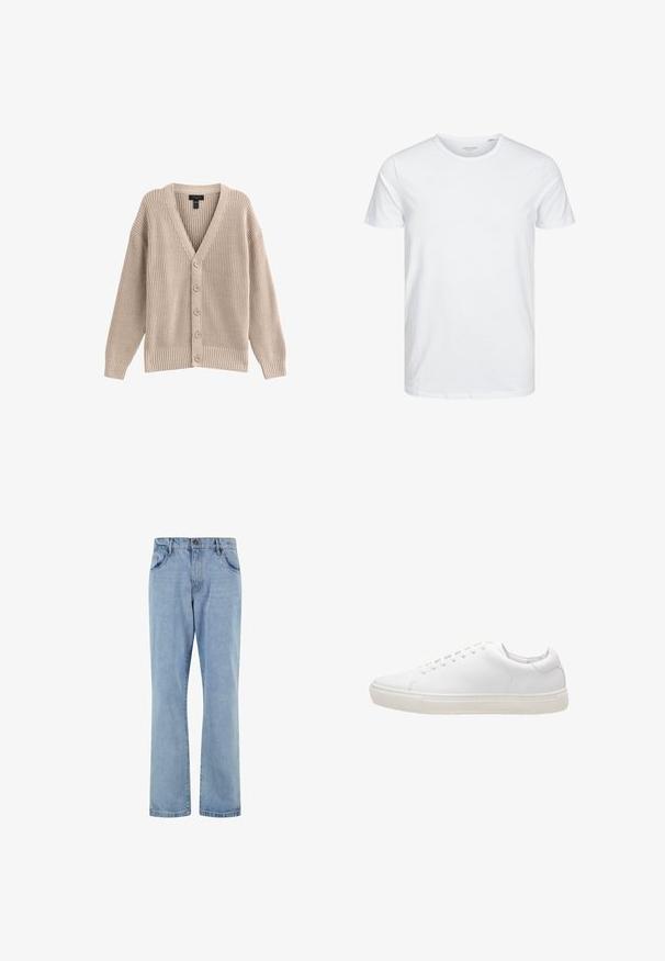 Beige gebreide cardigan met een V-hals, geribbelde textuur en zes knopen aan de voorkant. Voorzien van lange mouwen en een relaxte pasvorm.; Ronde hals kortemouwen t-shirt in effen wit, gemaakt van zachte katoen, heeft een eenvoudig ontwerp zonder zichtbare patronen of accenten.; Lichtblauwe rechte spijkerbroek met voorzakken, riemlussen en knoopsluiting op een witte achtergrond.; Witte leren sneaker met een gladde textuur, ronde neus, vetersluiting en een platte rubberen zool. Minimalistisch ontwerp zonder zichtbare patronen.