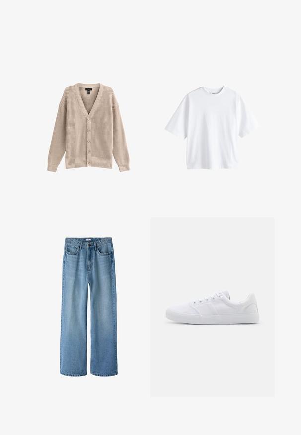 Beige strikket cardigan med V-hals, ribbet tekstur og seks frontknapper. Har lange ærmer og en afslappet pasform.; Next BOXY FIT - HEAVYWEIGHT T-SHIRT . - T-shirts basic - white; Lyseblå jeans med høj talje og vide ben, med forlommer, bæltestropper, knaplukning og diskrete falmede detaljer.; Hvide lærreds sneakers med gummisål, der har seks snørehuller, en struktureret tåkap og et minimalistisk design.