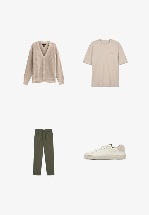 Beige Strickjacke mit V-Ausschnitt, geripptem Muster und sechs vorderen Knöpfen. Sie hat lange Ärmel und eine lockere Passform.; Beige kurzärmliges Waffelstrick-T-Shirt mit rundem Ausschnitt und kleinem gesticktem Logo auf der linken Brust.; Olivgrüne Hose mit elastischem Bund, Kordelzug und seitlichen Taschen. Der Stoff hat eine glatte, leichte Textur.; Weißer Sneaker aus Leder in niedriger Ausführung mit weißen Schnürsenkeln, leicht strukturierter Sohle und hellgrauem Wildleder-Fersenpatch, Seitenansicht.