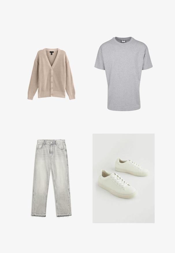 Beige Strickjacke mit V-Ausschnitt, geripptem Muster und sechs vorderen Knöpfen. Sie hat lange Ärmel und eine lockere Passform.; Graues Baumwoll-T-Shirt mit rundem Halsausschnitt und kurzen Ärmeln. Einfaches Design, keine Muster oder Akzente. Klassischer, lockerer Schnitt.; Hellgraue Jeans aus Denim mit leicht gefärbtem Finish, geradem Schnitt, fünf Taschen-Design und ausgefranstem Saum. Flacher Bund mit Gürtelschlaufen.; Weiße Sneaker aus strukturiertem Synthetikmaterial mit rundem Zehenbereich, Schnürsenkelverschluss und leicht erhöhtem Gummisohlensohle.