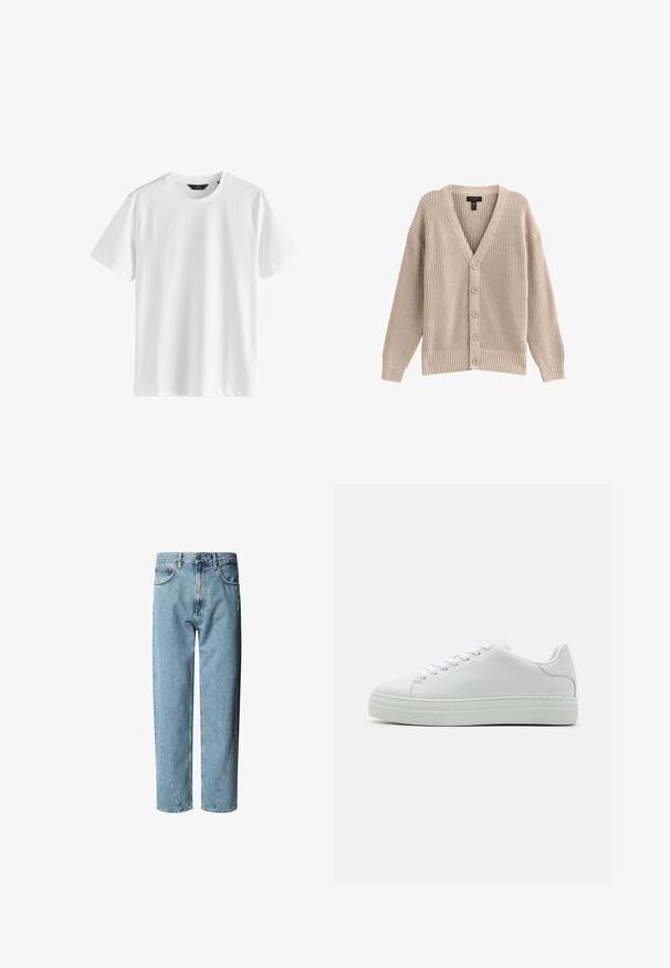 Cardigan en maille beige avec un col en V, texture côtelée et six boutons sur le devant. Il possède des manches longues et une coupe décontractée.; T-shirt blanc uni à manches courtes et col rond, en tissu lisse avec une étiquette noire au col.; Jean en denim bleu clair avec une coupe décontractée, présentant une taille haute, des surpiqûres contrastées et un léger effet usé sur le devant.; Baskets en cuir blanc avec une semelle plateforme imposante, bout rond et six œillets. Texture lisse avec de subtiles détails de couture.
