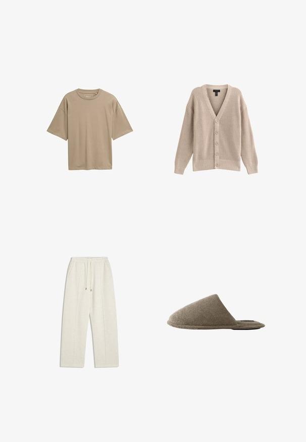 Beige gebreide cardigan met een V-hals, geribbelde textuur en zes knopen aan de voorkant. Voorzien van lange mouwen en een relaxte pasvorm.; Beige T-shirt met korte mouwen, een relaxte pasvorm, ronde halslijn en een gladde textuur. Geen zichtbare patronen of hardwaredetails.; Lichtbeige, wijde sweatpants gemaakt van zachte stof. Beschikt over een elastische tailleband met trekkoord en zijzakken voor functionaliteit.; Enkele bruine pantoffel met gesloten teen, zachte, gestructureerde stof en platte zool, zijaanzicht op witte achtergrond.