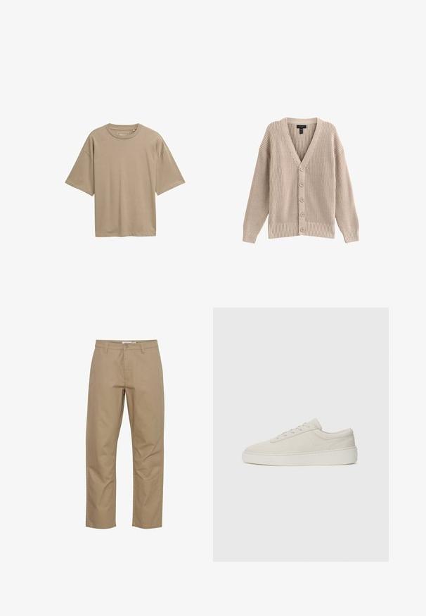 Beige strikket cardigan med V-hals, ribbet tekstur og seks frontknapper. Har lange ærmer og en afslappet pasform.; Beige kortærmet t-shirt med en løs pasform, rund halsudskæring og glat tekstur. Ingen synlige mønstre eller hardware detaljer.; Beige bomuldsbukser med lige ben-design, der har en frontknap og lynlås lukning, sidelommer og et rent finish.; Beige sneakers med en glat ruskindsfinish, rund tå og flad gummisole. Har snørebåndslukning og minimalistisk design med diskret syning.