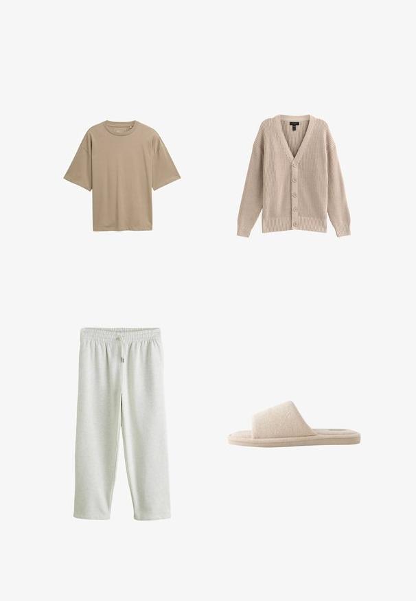 Cardigan de punto beige con cuello en V, textura acanalada y seis botones delanteros. Presenta mangas largas y un corte relajado.; Camiseta beige de manga corta con un corte relajado, escote redondo y textura suave. Sin patrones visibles ni detalles de hardware.; Pantalones deportivos gris claro con cintura elástica y cordón, corte recto, tela suave.; Zapatilla beige de tela suave, con puntera abierta, suela gruesa y una amplia tira en la parte superior para uso en interiores.