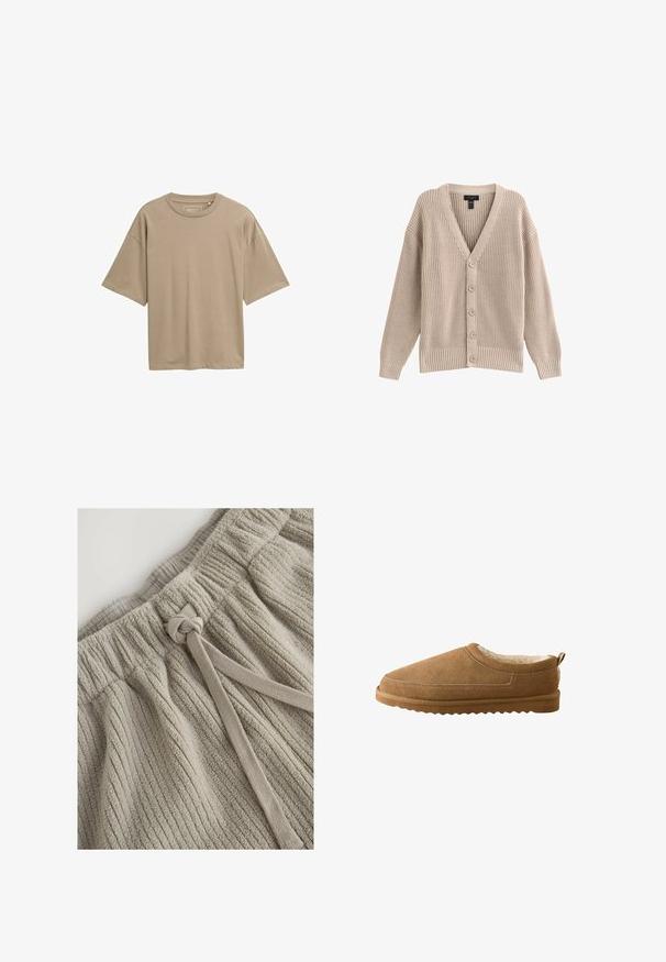Beige strikket cardigan med V-hals, ribbet tekstur og seks frontknapper. Har lange ærmer og en afslappet pasform.; Beige kortærmet t-shirt med en løs pasform, rund halsudskæring og glat tekstur. Ingen synlige mønstre eller hardware detaljer.; Kaki bomuldsshorts med et tekstureret ribbet mønster. Har en elastisk talje og en stofsnøre til justering. Blødt, luksuriøst materiale.; Brune ruskinds slip-ons med blød cremefarvet inderside og tekstureret gummisål, set fra siden på en hvid baggrund.
