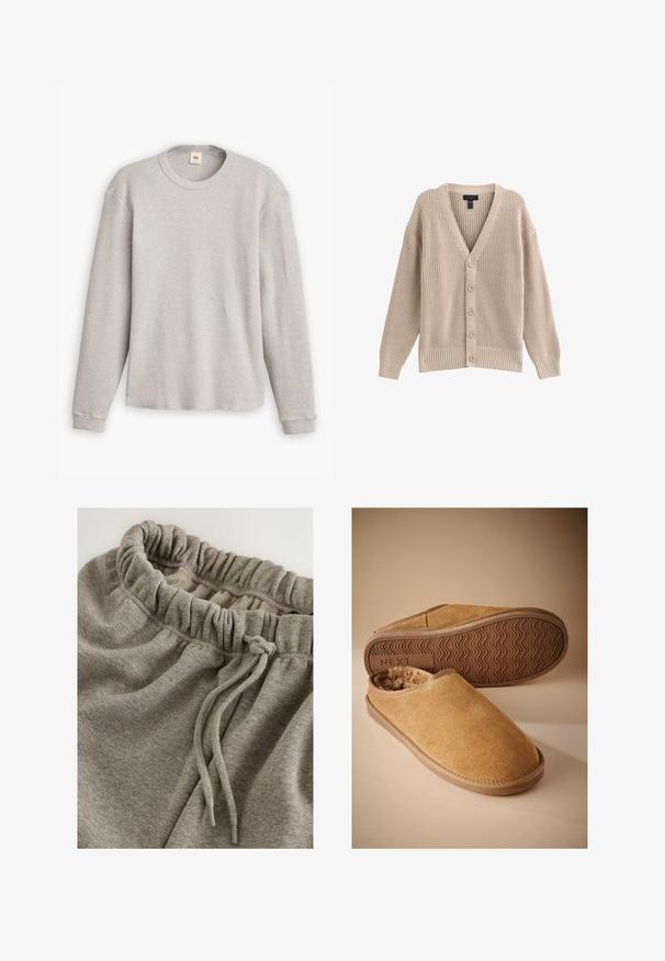 Beige gebreide cardigan met een V-hals, geribbelde textuur en zes knopen aan de voorkant. Voorzien van lange mouwen en een relaxte pasvorm.; Grijze lange mouwen trui van gebreid materiaal met een geribbeld patroon, ronde halslijn en rechte zoom. De manchetten zijn aansluitend en gemaakt van zachte stof.; Grijze katoenen sweatpants met een elastische tailleband met een geplooide textuur en een koord voor verstelbaarheid. Glad, zacht stof.; Bruine suède instapslippers met een zachte fleece voering en een geribbelde rubberen zool, één slipper toont de zool met het "NEXT" logo.