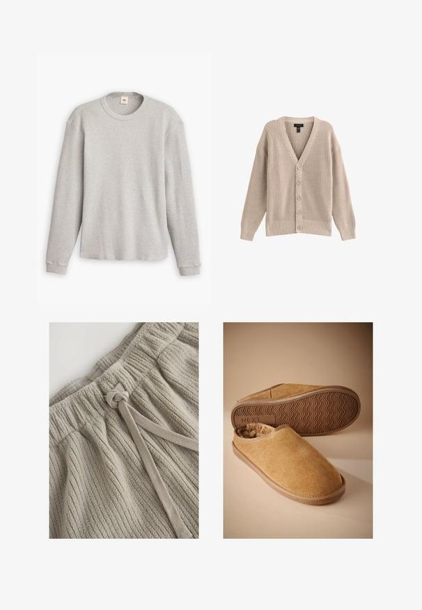 Beige gebreide cardigan met een V-hals, geribbelde textuur en zes knopen aan de voorkant. Voorzien van lange mouwen en een relaxte pasvorm.; Grijze lange mouwen trui van gebreid materiaal met een geribbeld patroon, ronde halslijn en rechte zoom. De manchetten zijn aansluitend en gemaakt van zachte stof.; Khaki katoenen shorts met een gestructureerd ribbelpatroon. Voorzien van een elastische tailleband en een stoffen strik voor aanpassing. Zacht, luxueus materiaal.; Bruine suède instapslippers met een zachte fleece voering en een geribbelde rubberen zool, één slipper toont de zool met het "NEXT" logo.