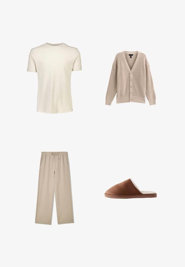 Beige strikket cardigan med V-hals, ribbet tekstur og seks frontknapper. Har lange ærmer og en afslappet pasform.; Kortærmet T-shirt i lyse beige, lavet af blødt bomuld. Har en rund halsudskæring og en glat tekstur uden mønstre eller grafik.; Beige bukser med vidde i benene, elastisk talje og snor, med sidelommer, lagt fladt på hvid baggrund.; Brune ruskindssandal med en blød hvid pelsforing, der har et lukket tådesign og en flad, tekstureret sål.