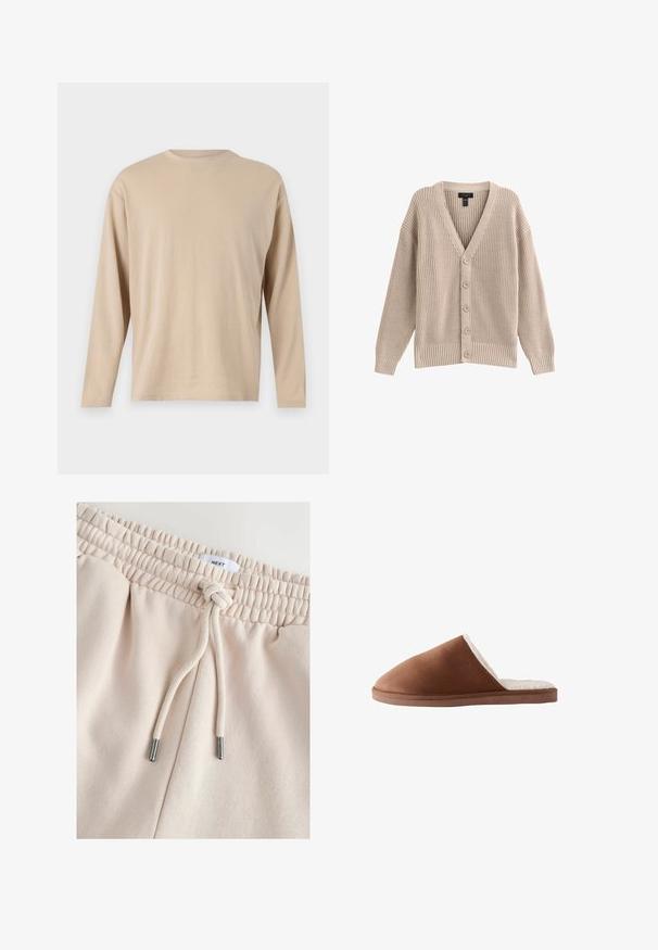 Beige gebreide cardigan met een V-hals, geribbelde textuur en zes knopen aan de voorkant. Voorzien van lange mouwen en een relaxte pasvorm.; Beige langesleeve shirt gemaakt van zachte stof met een rechte snit, ronde halslijn en minimale stikdetails langs de zoom en de mouwen.; Licht beige joggingbroek met een tailleband met koordje. Zachte textuur, elastische tailleband met geplooide details en zilverkleurige metalen uiteinden aan het koordje.; Bruine suède pantoffel met een zachte witte bontvoering, met een gesloten hiel ontwerp en een platte, gestructureerde zool.