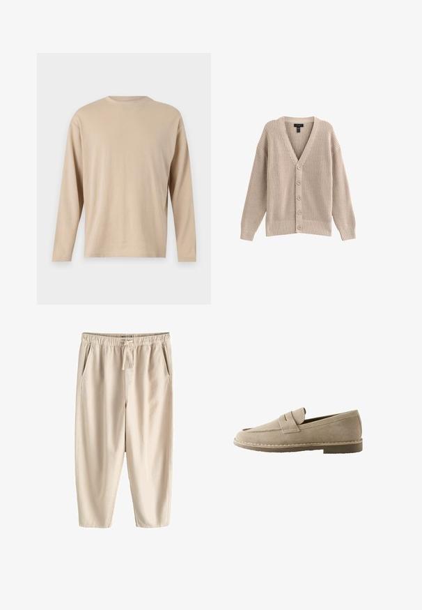 Beige Strickjacke mit V-Ausschnitt, geripptem Muster und sechs vorderen Knöpfen. Sie hat lange Ärmel und eine lockere Passform.; Beige Langarmshirt aus weichem Stoff mit geradem Schnitt, Rundhalsausschnitt und minimalen Nähten entlang des Saums und der Ärmel.; Beige Freizeithose mit elastischem Bund und Kordelzug, mit Seitentaschen und einem lockeren geraden Bein.; Beiger Wildleder-Slipper mit einem gesteppten Riemendetail, niedrigem Absatz und Gummisohle, seitlich auf weißem Hintergrund dargestellt.