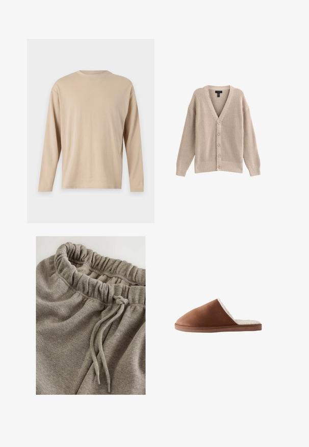 Beige Strickjacke mit V-Ausschnitt, geripptem Muster und sechs vorderen Knöpfen. Sie hat lange Ärmel und eine lockere Passform.; Beige Langarmshirt aus weichem Stoff mit geradem Schnitt, Rundhalsausschnitt und minimalen Nähten entlang des Saums und der Ärmel.; Graue Baumwoll-Sweatpants mit elastischem Taillenbund und geraffter Textur sowie einer Kordel zum Verstellen. Glatter, weicher Stoff.; Braune Wildleder-Hausschuhe mit einer weichen weißen Fütterung, ausgestattet mit einem geschlossenen Zehendesign und einer flachen, strukturierten Sohle.