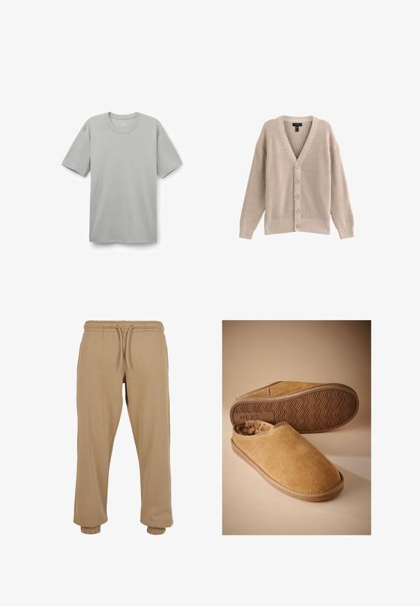 Cardigan de punto beige con cuello en V, textura acanalada y seis botones delanteros. Presenta mangas largas y un corte relajado.; Camiseta de algodón gris claro con cuello redondo, mangas cortas y un ajuste relajado. Textura suave sin patrones ni adornos visibles.; Pantalones de chándal beige fabricados con una suave mezcla de algodón, que presentan una cintura elástica con cordón ajustable y puños elásticos en los tobillos.; Zapatillas marrones de ante tipo slip-on con forro de lana suave y suela de goma texturizada, una zapatilla mostrando la suela con la marca "NEXT".