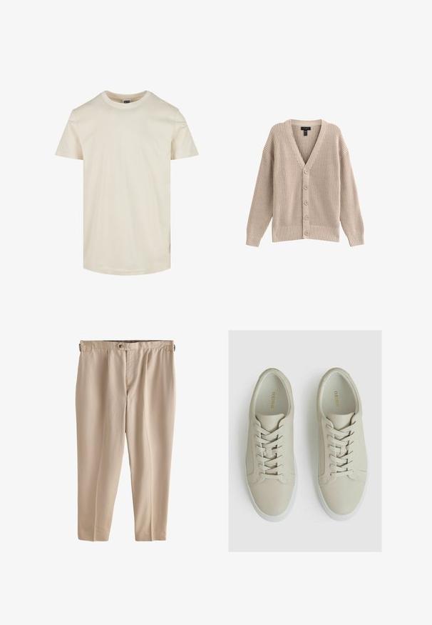 Beige gebreide cardigan met een V-hals, geribbelde textuur en zes knopen aan de voorkant. Voorzien van lange mouwen en een relaxte pasvorm.; Korte mouwen, ronde hals t-shirt in een lichtbeige kleur. Gemaakt van zachte katoen, heeft een gladde textuur en een rechte zoom.; Beige, lichtgewicht broek met een ontspannen pasvorm, voorzien van plooi en een enkele knoopsluiting in de taille. Soepele textuur, cropped lengte.; Lichtbeige leren sneakers met een gestructureerde afwerking, voorzien van zes oogjes, platte veters en een witte rubberen zool. Gouden branding binnenin.