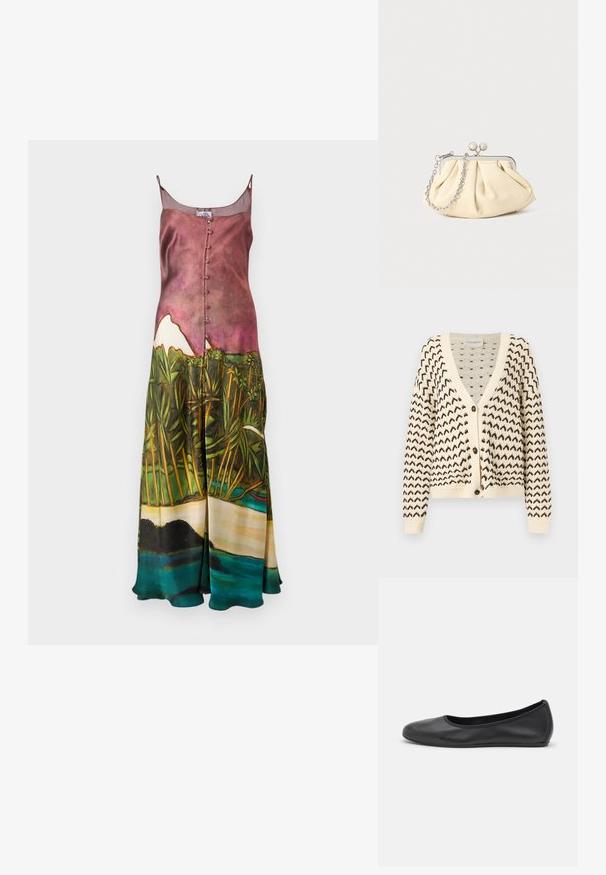 Cardigan en maille crème avec motif zigzag noir, col en V, manches longues, fermeture par boutons et poignets ainsi qu'ourlet côtelés.; Robe longue en satin avec bretelles fines ; imprimé paysager artistique en rose, vert et bleu ; dotée d'une fermeture à boutons sur le devant et d'une silhouette fluide.; Ballerines en cuir noir avec un bout rond, texture lisse, détails de couture minimalistes et design de semelle flexible.; Pochette en cuir beige plissé avec un cadre en métal argenté, dotée de deux fermoirs ronds décoratifs et d'une chaîne en argent.