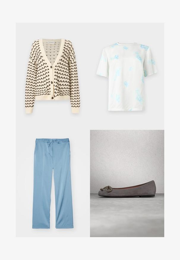 Cardigan en maille crème avec motif zigzag noir, col en V, manches longues, fermeture par boutons et poignets ainsi qu'ourlet côtelés.; T-shirt blanc à manches courtes avec motif tie-dye floral bleu clair, col rond et coupe régulière, présenté sur un fond uni.; Pantalons larges bleu clair en tissu doux. Caractéristiques d'une taille élastique avec cordon de serrage réglable et poches latérales.; Ballerines en daim gris avec un bout arrondi, un nœud en corde comme accent et une bordure contrastante subtile le long du bord. Semelle plate et flexible.