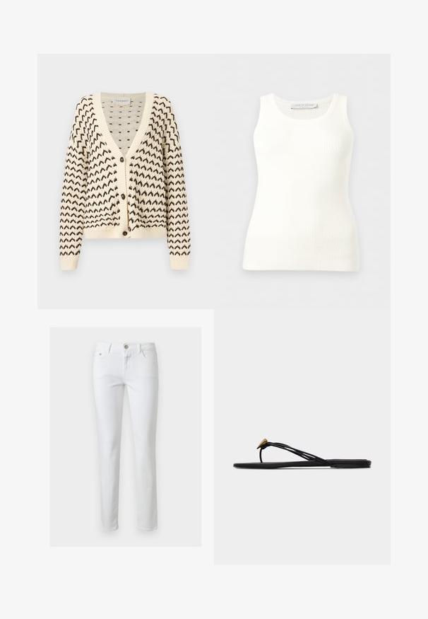 Cardigan en maille crème avec motif zigzag noir, col en V, manches longues, fermeture par boutons et poignets ainsi qu'ourlet côtelés.; Débardeur blanc côtelé sans manches avec encolure ronde, coupe ajustée, et étiquette de la marque à l'intérieur du col arrière.; Jean blanc slim avec fermeture à boutons et zip à l'avant, passants pour ceinture, poches avant et arrière, présenté sur un fond uni.; Sandale plate noire en forme de tongs avec plusieurs fines lanières et une petite déco dorée en forme de larme sur la lanière avant.