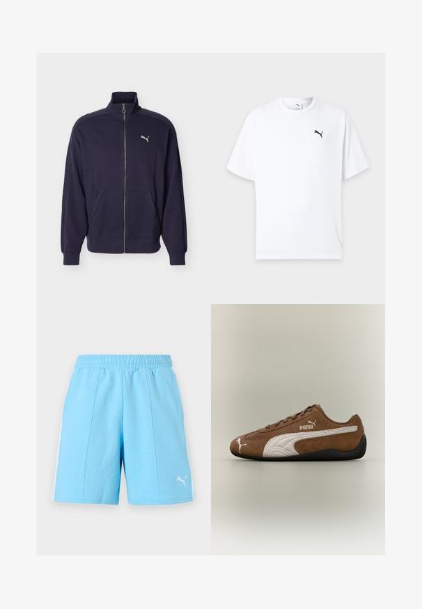 Veste de survêtement bleu marine zippée avec col montant, poches latérales, poignets côtelés et logo Puma blanc sur la poitrine.; T-shirt blanc à manches courtes col rond avec un petit logo Puma noir sur la poitrine gauche sur un fond clair.; Shorts de sport bleu clair avec taille élastique, bandes blanches sur les côtés et logo Puma sur la partie avant inférieure de la jambe droite.; Baskets en daim marron avec des accents blancs et un design texturé. Elles disposent d'une semelle en caoutchouc noire et d'un logo Puma proéminent sur le côté.