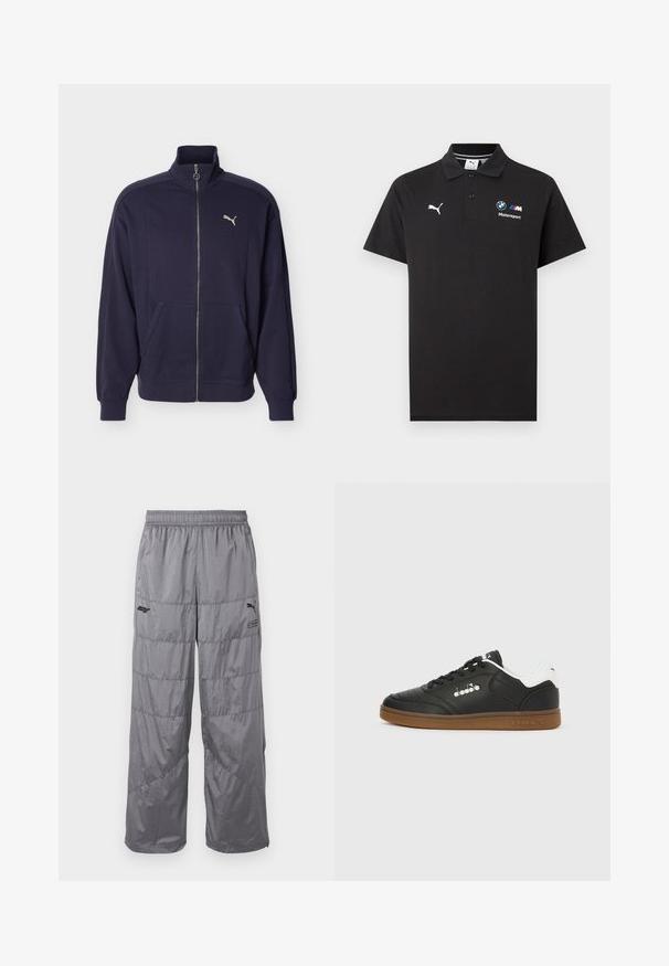 Tumesinine lukuga sportjakk kõrge krae, küljetaskute, soonikkoes varrukate ja valge Puma logoga rinnal.; Must polo-särk Puma logoga vasakul rinnal ja BMW Motorsport logoga paremal rinnal, kahe nupuga riideesise ja lühikeste varrukatega.; Hallid puffer-püksid, millel on elastne vöökoht, eenduvate õmblustega ja väike must logo vasakul reiel. Kerge materjal.; Mustast nahast toss, millel on valge kandmine, kummist tald, mustad paelad ja hõbedane Diadora logo küljel ja taldal.