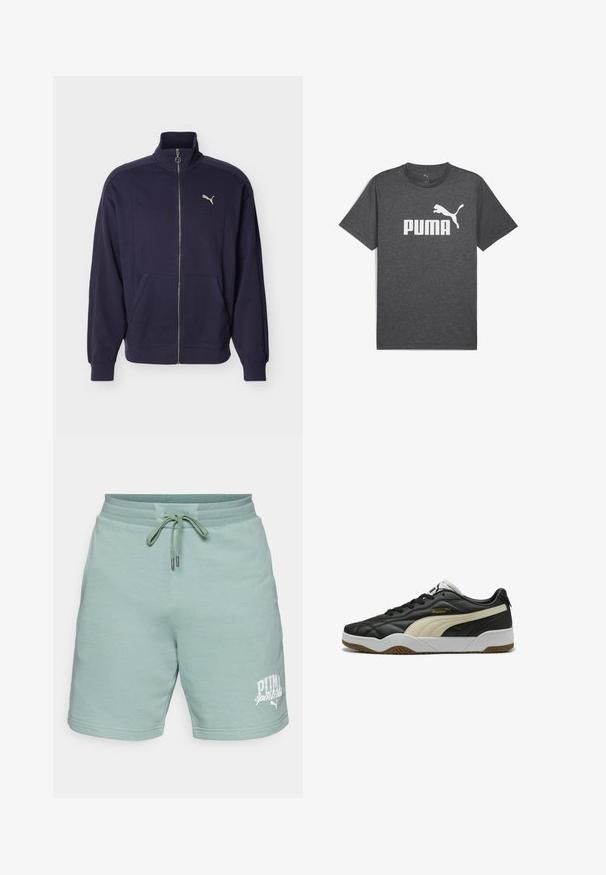 Tmavomodrá športová bunda na zips s vysokým golierom, bočnými vreckami, rebrovanými manžetami a bielym logom Puma na hrudi.; Tmavosivé krátke tričko s okrúhlym výstrihom a bielym logom Puma a textom umiestneným v strede hrudníka.; Svetlozelené bavlnené šortky s elastickým pásom a šnúrkou. Na dolnej ľavej strane je biely logotyp "PUMA sports club". Hladká textúra.; Čierne kožené tenisky s krémovým prúžkom, gumovou podrážkou a bielymi akcentmi. Vlastnosti zahŕňajú textúrovaný povrch a šnurovací dizajn.
