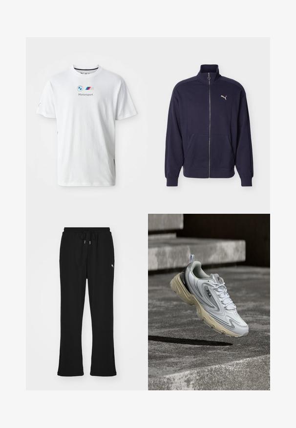 Tmavomodrá športová bunda na zips s vysokým golierom, bočnými vreckami, rebrovanými manžetami a bielym logom Puma na hrudi.; Biela bavlnená tričko s logom BMW, textom "Motorsport" v šedej farbe a farebnými akcentmi na bočných stranách. Krátke rukávy a dizajn s okrúhlym výstrihom.; Čierne teplákové nohavice s elastickým pásom a šnúrkou, so bočnými vreckami a nenápadným logom na ľavom stehne. Mäkká tkanina, rozšírený strih.; Biela a béžová teniska značky FILA zavesená nad betónovými schodmi, zobrazujúca bočné a horné detaily dizajnu so šnúrkami a logom.