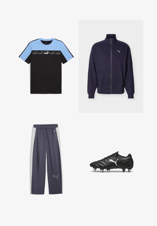 Tmavomodrá športová bunda na zips s vysokým golierom, bočnými vreckami, rebrovanými manžetami a bielym logom Puma na hrudi.; Čierno-svetlo modré tričko s krátkym rukávom a okrúhlym výstrihom. Obsahuje vodorovný pás s viacerými logami Puma v bielej a čiernej farbe.; Tmavomodré Puma tepláky s bielymi bočnými panelmi, elastickým pásom, bočnými vreckami na zips a logom Puma na dolnej pravej nohe.; Čierne futbalové kopačky s textúrovaným materiálom, biele logo Puma, šnurovací systém a kovové kolíky pre trakciu. Dizajn zdôrazňuje výkon a podporu.
