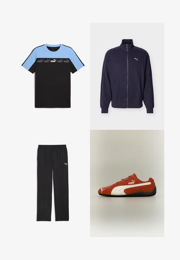 Marineblauw trainingsjack met ritssluiting, hoge kraag, zijzakken, geribbelde boorden en een wit Puma-logo op de borst.; Zwart en lichtblauw T-shirt met korte mouwen en een ronde hals. Heeft een horizontale band met meerdere Puma-logo's in wit en zwart.; Zwarte broek met rechte pijpen en elastische tailleband, met klein wit Puma-logo op de bovenste linker dij tegen een witte achtergrond.; Lage rode Puma sneaker met een witte zijstreep, Puma-logo op de zijkant en teen, en een zwarte zool op een neutrale achtergrond.