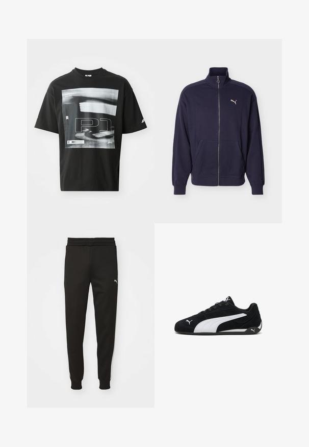 Chaqueta deportiva azul marino con cremallera, cuello alto, bolsillos laterales, puños acanalados y un logo blanco de Puma en el pecho.; Camiseta de algodón negra con un estampado gráfico que incluye elementos de texto, como "FORMULA 1 RACING" y "P1". Cuello redondo y mangas cortas.; Pantalones deportivos negros con un ajuste entallado, cinturilla elástica, bolsillos laterales y rayas blancas en los lados. Presenta un pequeño logo en el muslo izquierdo.; Zapatillas deportivas de ante negro con una franja lateral blanca, detalles de marca en blanco, suela plana negra y cordones negros.
