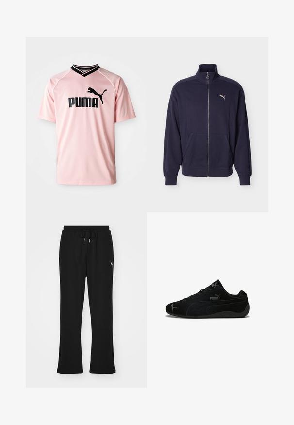 Tmavomodrá športová bunda na zips s vysokým golierom, bočnými vreckami, rebrovanými manžetami a bielym logom Puma na hrudi.; Ružová športová košeľa vyrobená z priedušnej tkaniny. Obsahuje čierny výstrih do V a čierne logo Puma na prednej strane. Krátke rukávy s textúrovaným dizajnom.; Čierne teplákové nohavice s elastickým pásom a šnúrkou, so bočnými vreckami a nenápadným logom na ľavom stehne. Mäkká tkanina, rozšírený strih.; Čierne semišové športové topánky s nízkym profilom. Majú textúrovaný dizajn, čiernu gumovú podrážku a strieborné akcenty loga Puma.