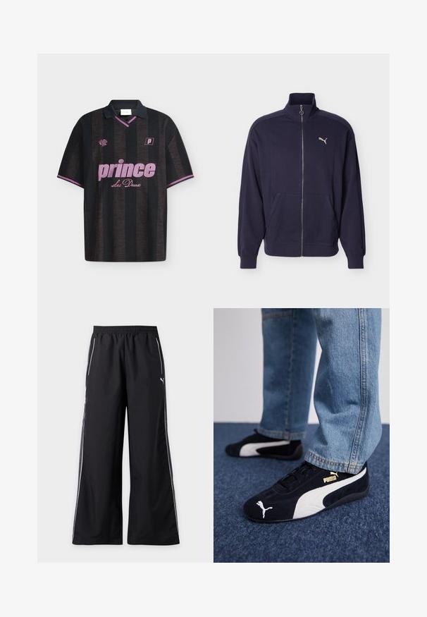 Veste de survêtement bleu marine zippée avec col montant, poches latérales, poignets côtelés et logo Puma blanc sur la poitrine.; Polo à manches courtes rayé noir et gris foncé avec texte et logos ""prince Les Deux"" roses sur le devant, bordure rose aux manches et au col.; Pantalon de sport noir à jambes larges avec passepoil blanc sur les côtés et taille élastique, avec un petit logo Puma sur la cuisse droite.; Baskets en daim noir avec accents blancs, arborant un logo doré. Portées avec un jean en denim bleu clair et posées sur une surface bleue texturée.