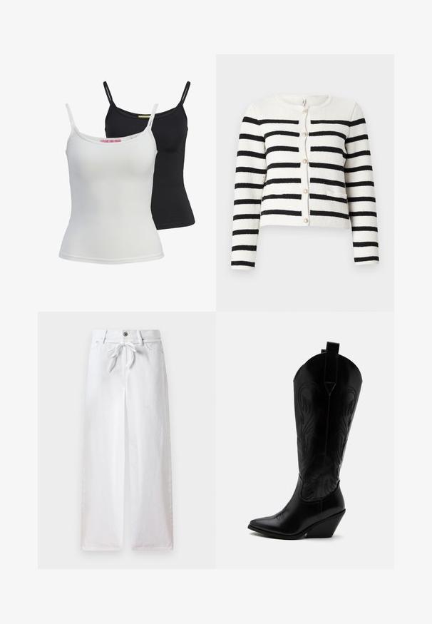 Stribet cardigan i creme og sort, strikket tekstur, rund halsudskæring, frontknaplukning med dekorative knapper, to frontlommer.; To enkle tanktoppe i sort og hvid, lavet af et glat, strækbart stof. De har tynde stropper og et enkelt, tætsiddende design.; Hvide vidde bukser lavet af bomuld. Har en snoretræk i taljen og en knaplukning. Glat tekstur med et minimalistisk design.; Sort læder cowboystøvle med spidst tåparti, skråt blokhælhæl, dekorative sømme og trækstropper øverst mod hvid baggrund.