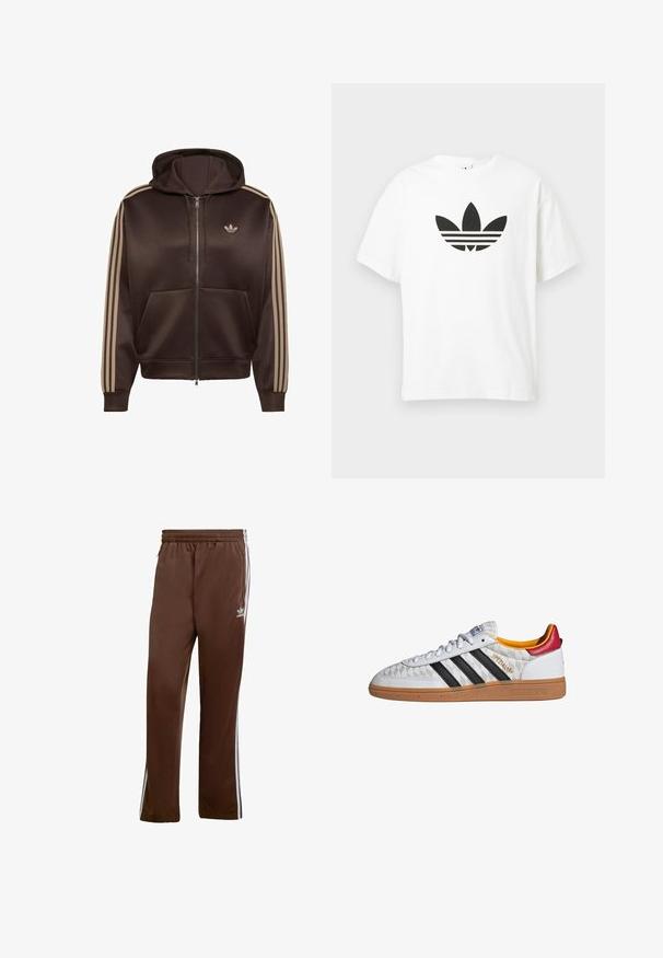 Brun lynlås-hoodie med beige tre striber på ærmerne, forlommer, snøretrækshætte og lille Adidas trebladet logo på brystet.; Hvid bomulds t-shirt med et stort sort Adidas trefoil-logo og tre vandrette striber nedenunder. Korte ærmer, rund halsudskæring.; Brune atletiske bukser lavet af glat stof, med hvide sidelister og elastisk talje. Inkluderer lommer på begge sider.; Hvid Adidas Spezial sneaker med sorte striber, gummisål, quiltet mønster, rød hælflap og gul inderfor, set fra siden.
