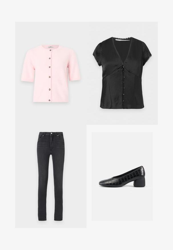 Cardigan rose pâle à manches courtes avec col rond et six boutons foncés sur le devant, présenté sur un fond gris clair.; Blouse noire à manches courtes avec col en V, boutonnage sur le devant, et bordure en dentelle aux manches et au col, fabriquée en tissu lisse et brillant.; Jeans skinny noirs taille haute, en denim extensible, avec passants de ceinture, coutures minimales et un design classique à cinq poches.; Escarpin en cuir noir gaufré crocodile avec un bout rond, un petit talon carré et une texture lisse. Design simple et silhouette minimaliste.