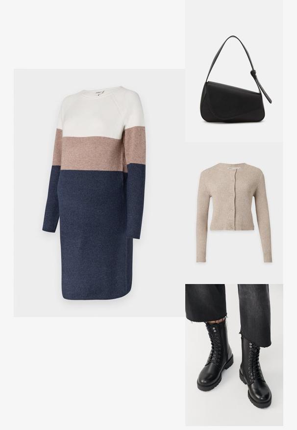 Beige geribde gebreide cardigan met lange mouwen, ronde hals en vijf knopen aan de voorkant.; Gebreide jurk met lange mouwen, met een kleurblokontwerp in crèmewit, taupe en marineblauw. Zachte textuur en ronde hals.; Zwarte enkelboots met een zachte leren afwerking, vetersluiting aan de voorkant en een zijrits. Chunky zool en gedetailleerde veterogen voegen textuur toe.; Zwart leren handtas met een driehoekige vorm, schuine klep en een ronde handgreep. Heeft een gladde textuur en minimalistische ontwerpelementen.