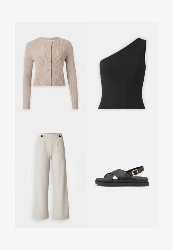 Beige ribstrikket cardigan med lange ærmer, rund halsudskæring og fem knapper foran.; Én skulder sort ribbet top med et tætsiddende design, der har en glat tekstur og asymmetrisk udskæring, velegnet til afslappet brug.; Plisserede bukser med vidde i lys beige stof med en glat tekstur, der har en samlet talje og to sorte knapper i taljen.; Sorte slingback sandaler med krydsede stropper, lavet af tekstureret materiale. Har en flad sål og en guldfarvet spændeaccent på hælen.