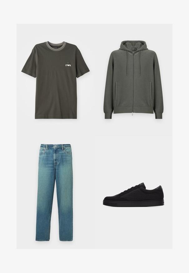 Mørkegrøn hættetrøje med lynlås i blødt stof, med hætte, to sidelommer og et diskret præget mønster over det hele. Inkluderer detaljer med sølvlynlås.; Olivenfarvet bomulds t-shirt med rund hals, med en kontrastfarvet stribet krave og et lille logo patch på brystet.; Denimjeans, lys blå med en falmet effekt, lige ben-design, standard fem-lomme layout, messingknap og lynlås lukning.; Sort sneaker med lavt snit med tonalt logomønster, snørelukning og flad sål mod en ensfarvet lys baggrund.