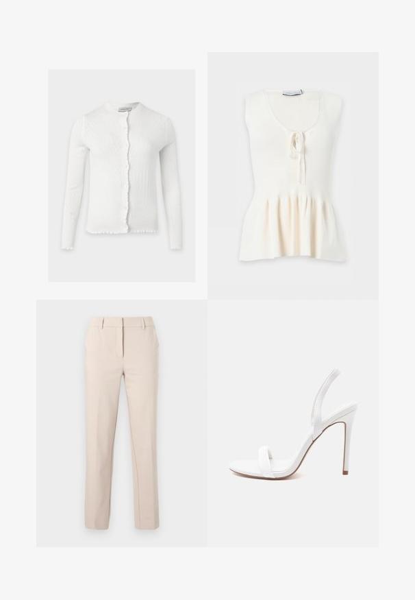 Cardigan blanc tricoté à manches longues avec fermeture à boutons sur le devant et motif subtil en forme de losanges sur les manches et le corps.; Haut tricoté blanc sans manches avec partie supérieure côtelée, encolure ronde, détail noué à l'avant et ourlet évasé.; Pantalon beige ajusté à jambe droite avec passants de ceinture, fermeture éclair frontale et bouton, sur un fond clair uni.; Sandale blanche à talons hauts avec une fine bride à la cheville et un design à bout ouvert sur un fond clair uni.