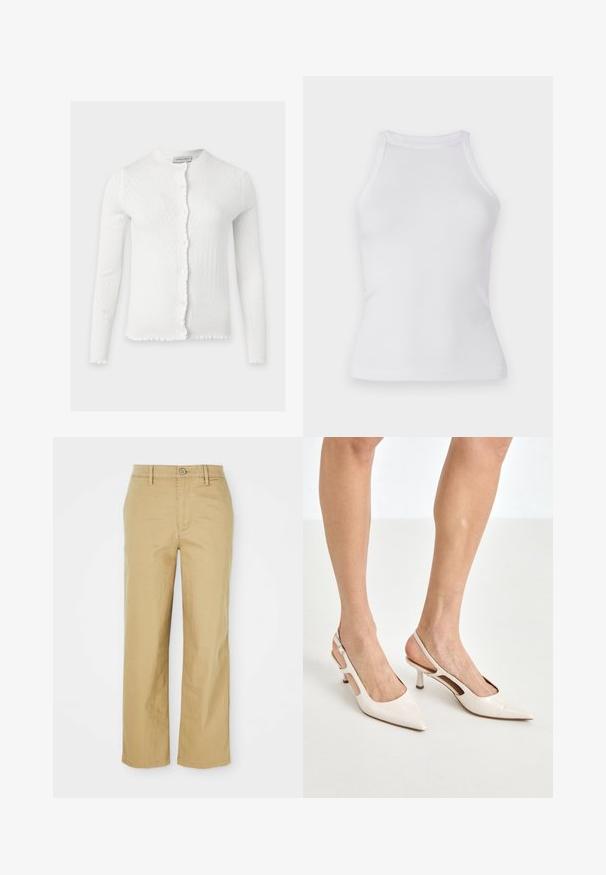 Hvid strikket cardigan med lange ærmer, knapper foran og subtilt diamantmønster på ærmer og krop.; Hvid ribbet top med en tætsiddende design, rund halsudskæring og uden ærmer. Fremstillet af strækbart stof for komfort og bevægelsesfrihed.; Beige bomuldsbukser med lige ben design. Har en knaplukning, bæltestropper og frontlommer, letvægts tekstur.; Beige patenterede læder slingback hæle med spids tå og 5 cm hæl, med udskårne sider og en tynd ankelrem.