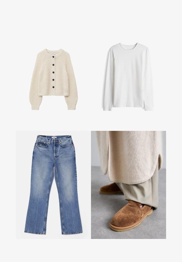Cardigan en crème tricoté avec un col rond, fermeture à boutons à l'avant et poignets côtelés. Présente un motif texturé et un design légèrement court.; T-shirt à manches longues blanc en coton doux. Il présente un col rond et une coupe droite avec des coutures minimales et sans logos ni motifs visibles.; RE/DONE LOOSE - Jean bootcut - hacienda; Chaussures slip-on en suède marron avec un bout arrondi, semelle en caoutchouc et détails en découpes sur les côtés, assorties à un pantalon taillé beige clair.