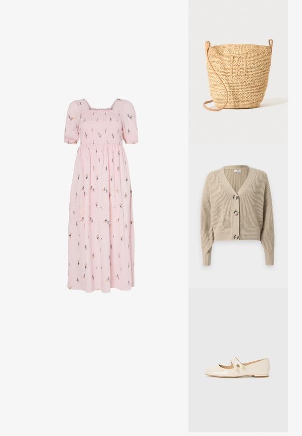 Beige cropped cardigan met een V-hals, ribbeltextuur en vier grote knopen aan de voorkant. Lange mouwen met aansluitende manchetten.; Roze katoenen maxijurk met korte pofmouwen, gerimpelde buste, gebloemd borduursel en een vloeiende rok.; Ivory patenten leren ballet flats met twee decoratieve banden en gouden knopen, met een ronde neus en een lage blokhak.; Gevlochten strooien bucket bag met een gestructureerd patroon en leren riem, rechtopstaand weergegeven op een egale lichte achtergrond.