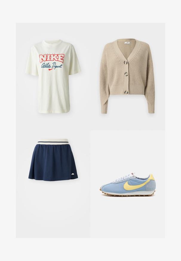 Beige cropped cardigan med V-hals, ribbet tekstur og fire store knapper foran. Lange ærmer med tætsiddende manchetter.; Hvid bomulds t-shirt med rød og blå "NIKE" logo med teksten "Just Do It" ovenover og "Athletic Depart." nedenfor, korte ærmer, rund hals.; Mørkeblå nederdel lavet af blødt stof med en hvid elastisk talje, der har to marineblå striber og et lille logo på den nederste søm.; Blå mesh- og ruskinds-sneakers med gul Nike swoosh, hvide snørebånd og lysebrun sål; klassisk atletisk design.