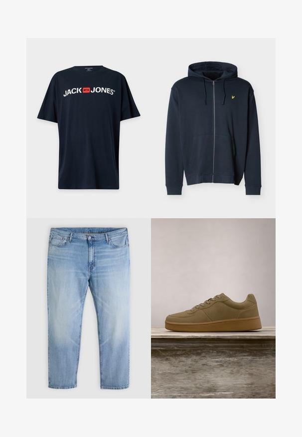 Marineblå hættetrøje med lynlås, forlommer, snørehætte og lille gul broderet fuglelogo på venstre bryst.; Sort T-shirt med korte ærmer med hvid "JACK JONES" tekst og et rødt firkantet logo centreret på brystet.; Lyseblå denimjeans med knap- og lynlåslukning foran, fem lommer og et lige ben; Olivengrøn sneaker med snørebånd, der svæver over en træbænk, med sløret grønt løv i baggrunden.