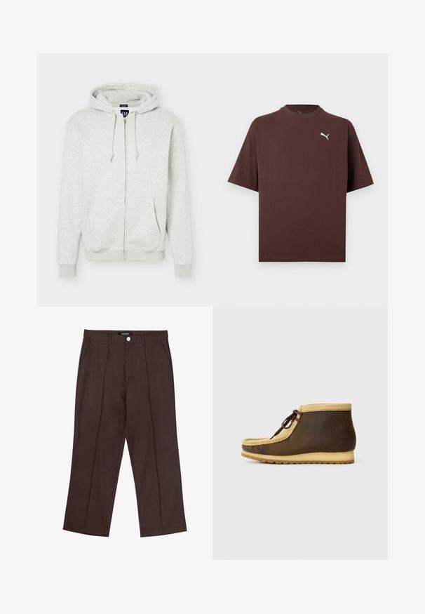 Lysegrå hættetrøje med lynlås, forlommer, snøre i hætten samt ribkant ved ærmer og bund, vist på en ensfarvet baggrund.; Brun T-shirt med korte ærmer og rund hals med lille hvid Puma-logo på venstre bryst mod en hvid baggrund.; Brune lige ben bukser med frontfolder, lommer i siden, bæltestropper og en mærke knaplukning i taljen.; Brune læderankelstøvler med en tan ruskindskrave, rund tå og brune snørebånd. Har en struktureret gummisål for godt greb.