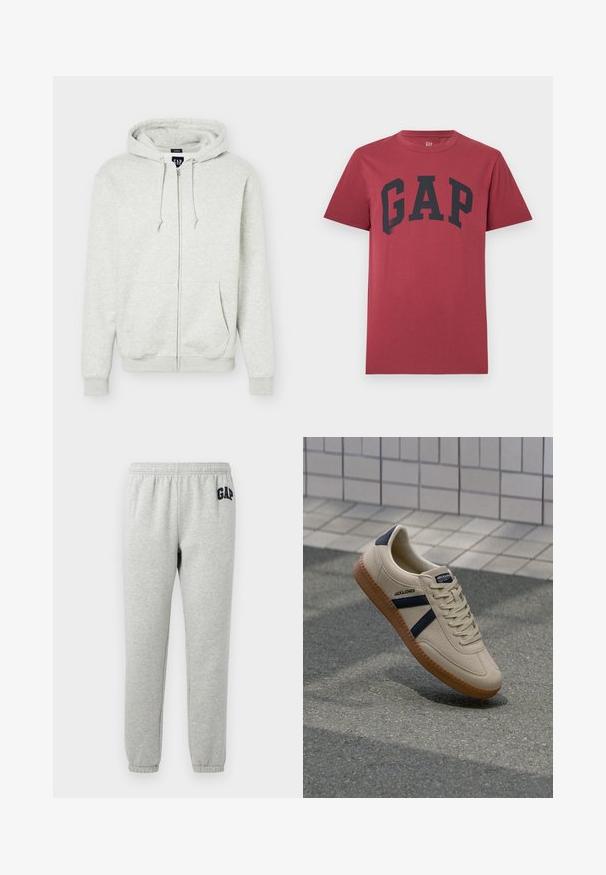 Hellgrauer Hoodie mit Reißverschluss, Vordertaschen, Kordelzug an der Kapuze sowie gerippten Bündchen und Saum, auf schlichtem Hintergrund dargestellt.; Rotes T-Shirt mit kurzen Ärmeln und Rundhalsausschnitt, mit großem schwarzem "GAP"-Schriftzug in der Mitte der Brust.; Graue Jogginghose mit elastischem Bund, abgeklebten Knöcheln und einem dunkelblauen "GAP"-Logo auf dem linken Oberschenkel. Weicher Baumwollmischstoff.; Beige Sneaker mit strukturierter Oberfläche, dunkelblauen Streifen und Gummisohle. Verfügt über eine gepolsterte Zunge und ein traditionelles Schnürsystem für einen sicheren Sitz.