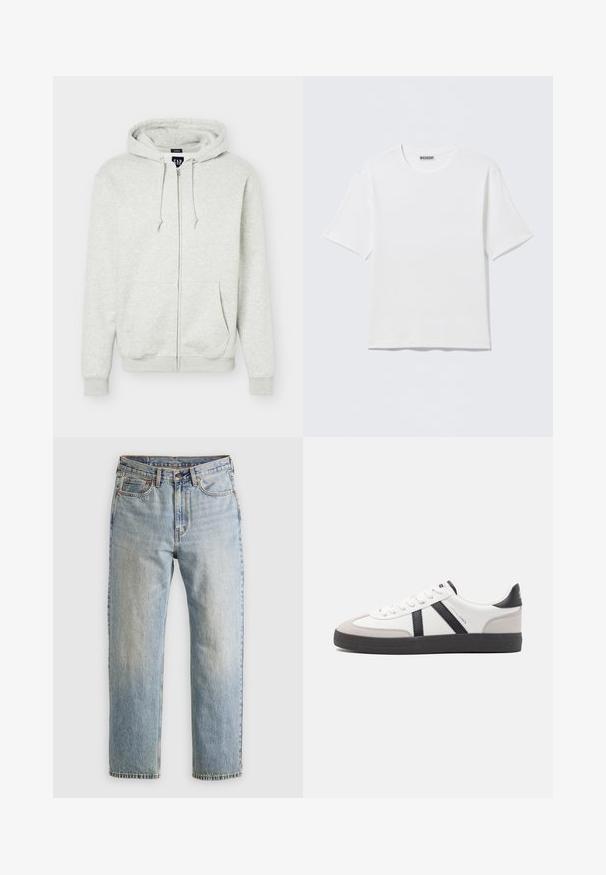 Lichtgrijze hoodie met rits, voorzakken, capuchon met trekkoord en geribbelde boorden en zoom, weergegeven op een effen achtergrond.; Effen witte T-shirt met korte mouwen en ronde hals, met een klein "WEEKDAY" label aan de binnenkant van de achterkraag, weergegeven op een vlakke ondergrond.; Lichtblauwe denim jeans met hoge taille, frontknop, rits en vijfzakkenontwerp, plat gelegd op een neutrale achtergrond.; Witte sneaker met zwarte en grijze accenten, voorzien van een grijze neus met textuur, zwarte rubberen zool en platte witte veters. Schoon ontwerp, minimalistische stijl.