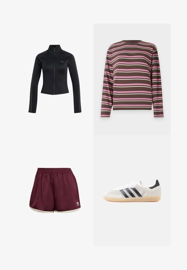 Musta istuva vetoketjullinen takki korkealla kauluksella, pitkät hihat, hillitty Adidas-logo rinnassa ja sävy sävyyn olevat raidat hihoissa.; Pitkähihainen paita ruskeaa puuvillaa, jossa vaaleanpunaisia, kermaisia ja tummanruskeita vaakaraitoja; pyöreä pääntie ja suora malli.; adidas Originals SPRINTER - Shortsit - maroon cream white; Valkoiset verkkomateriaalista valmistetut tennarit, joissa musta kolmen raidan kuvio, pyöreä kärki ja kumipohja. Kengissä on pehmeä kantakaulus ja nyöritys.